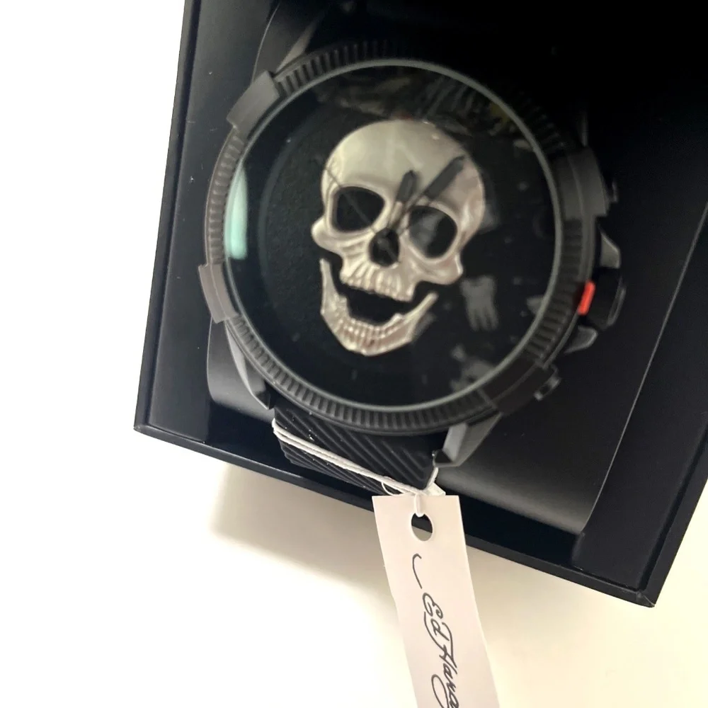 Ed Hardy Skull Watch Mens Black Silicone Strap 3D Skeleton Dial 50449B NWT